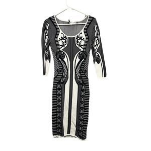 Free People Small Dragonfly Black White Bodycon Fitted 3/4 Sleeve Dress EUC